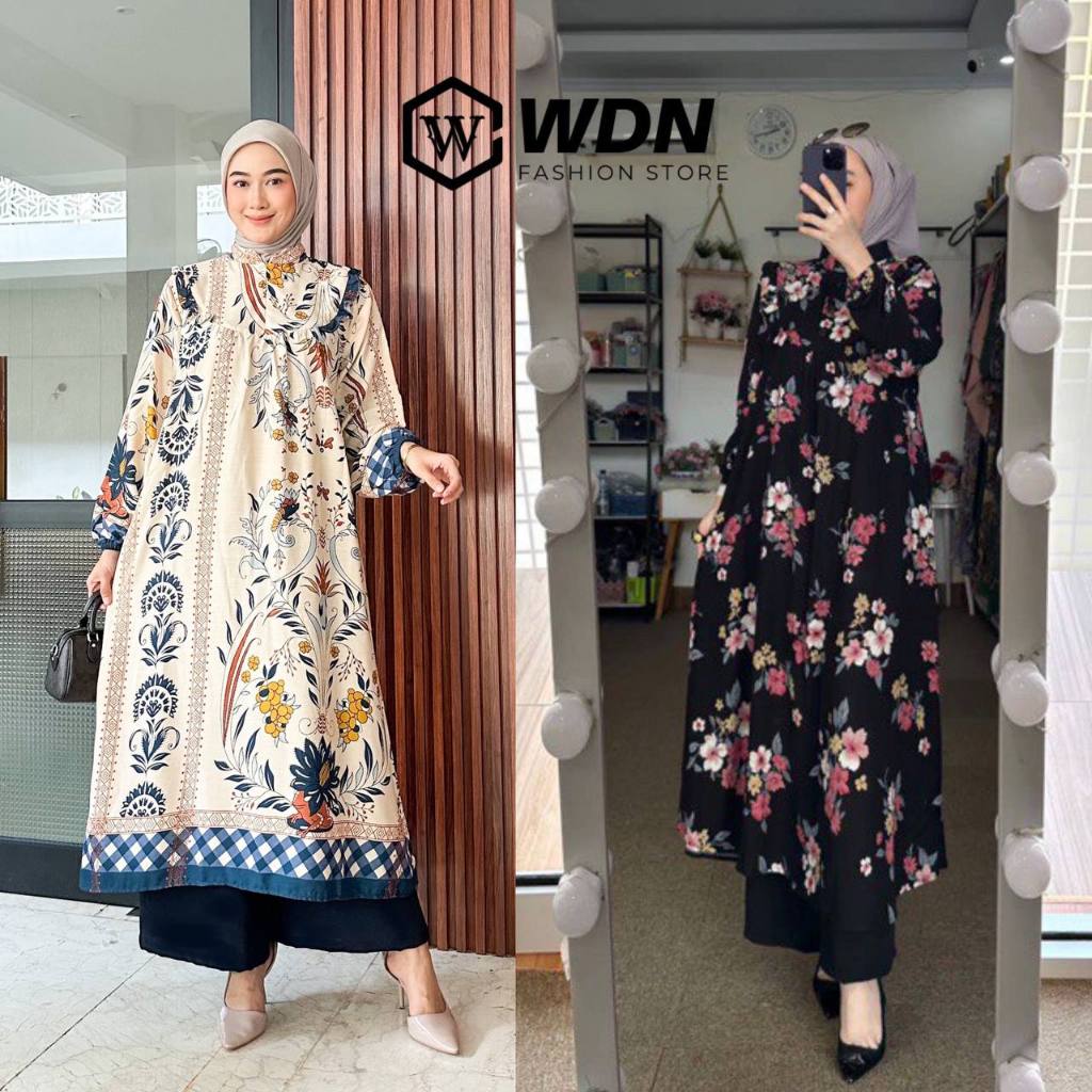 SETELAN MIDI KATUN DELVINA MIX PANTS / ONESET SETELAN TUNIK RAYON PREMIUM MOTIF BUNGA BUSUI CELANA K
