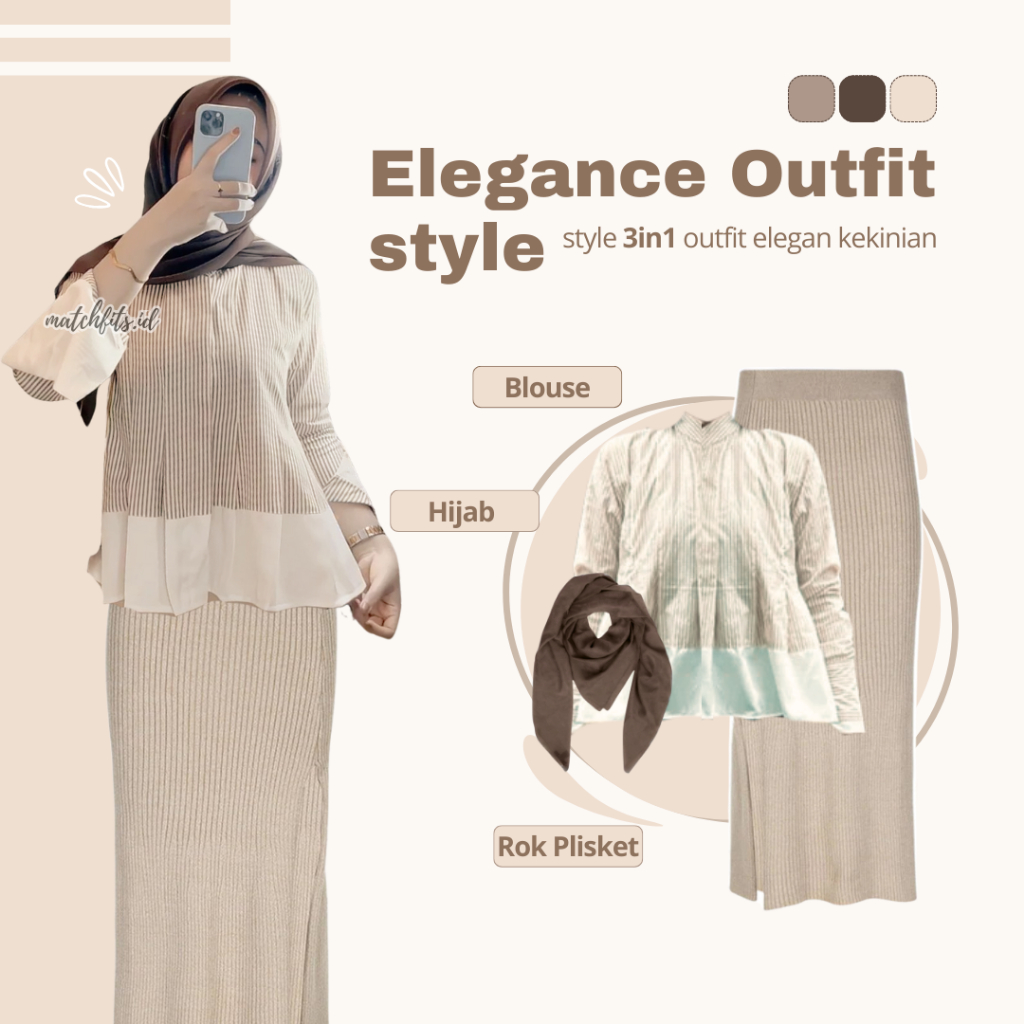 Setelan 3in1 Outfit Wanita [ Blouse Salur + Rok Plisket  Span + Jilbab Segi Empat  ]  One Set  LM168