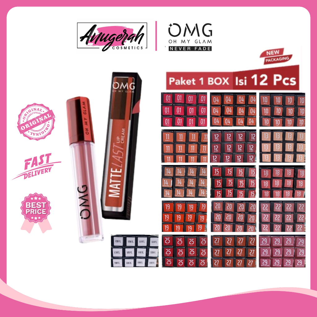 OMG Oh My Glam Mattelast Lip Cream / Lipstick Paket 1 Box Isi 12 Pcs | Tahan Lama /Lusin