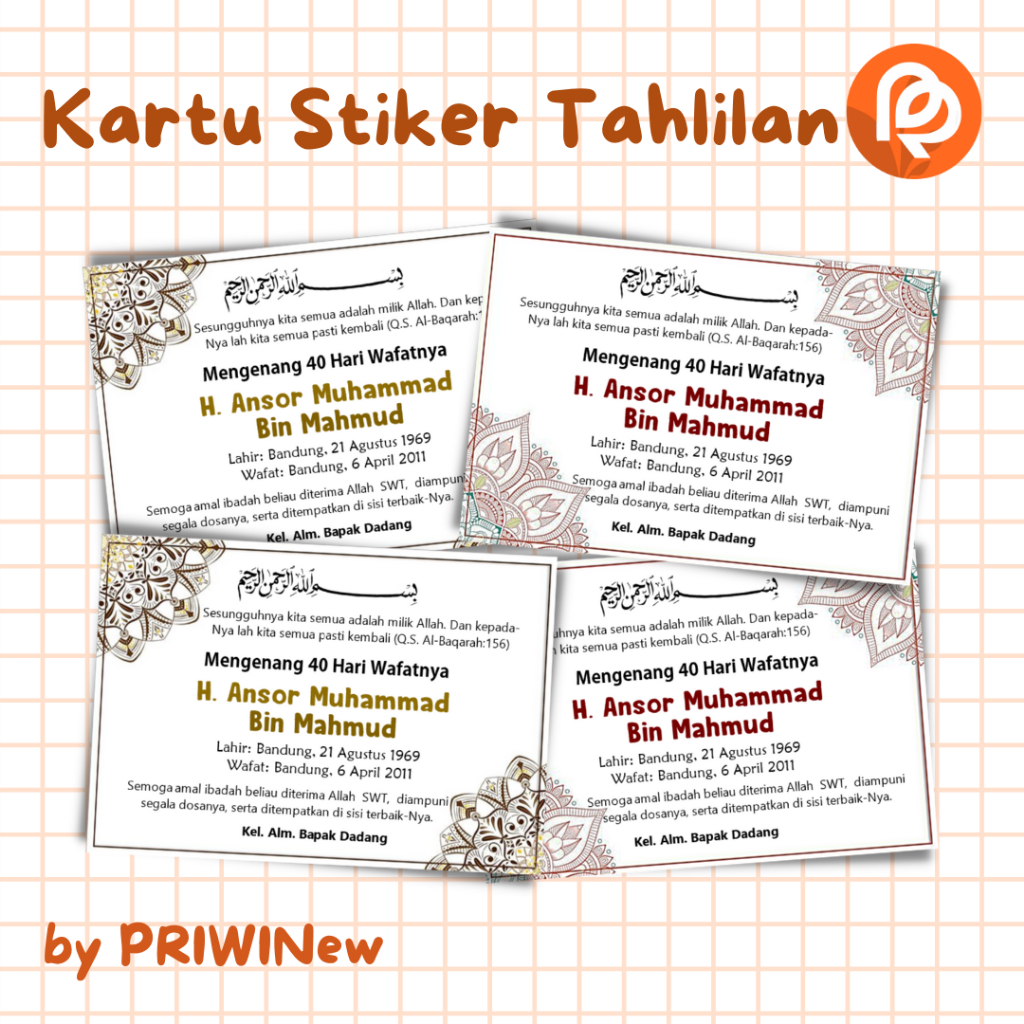 KARTU STIKER TAHLILAN 40 HARI 100 HARI MENGENANG WAFAT
