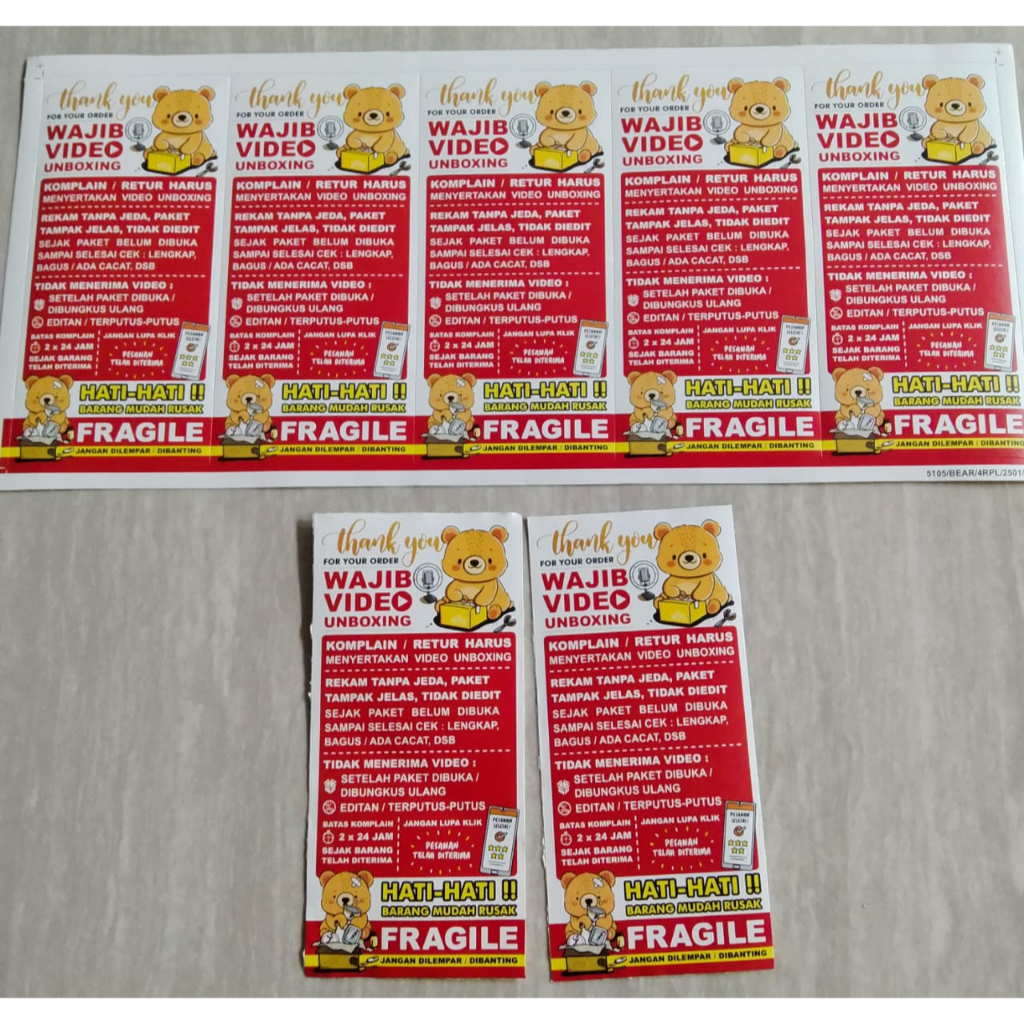 

Sticker Wajib Video Unboxing dan Fragile Motif Beruang Ukuran 5x10,5Cm Jual Perpcs