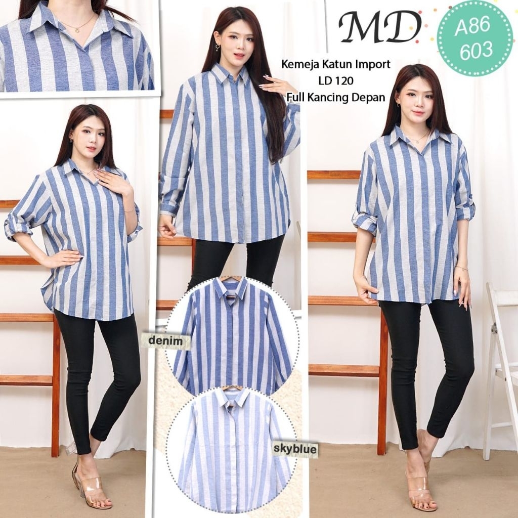 kemeja garis2 katun bangkok Ld 110 dan Ld 120 wrna biru tua dan biru muda