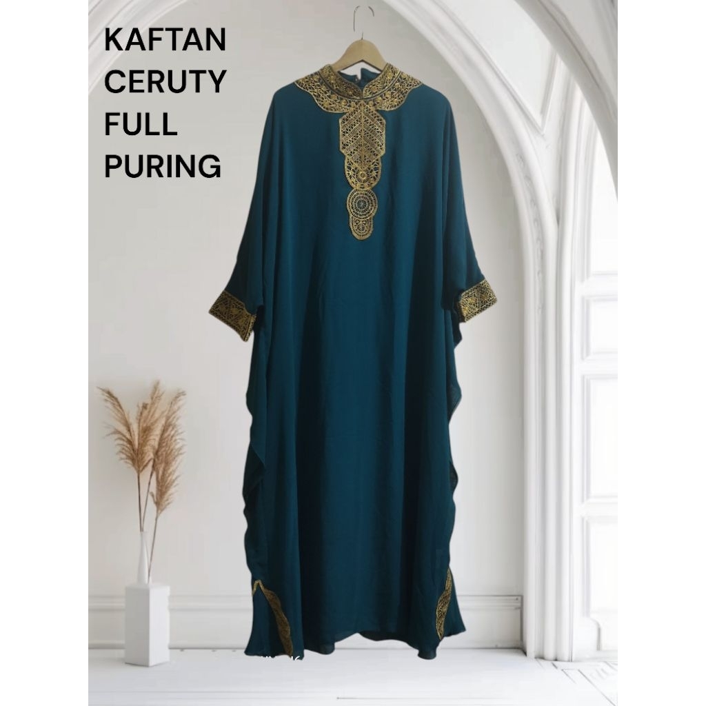 PL/preloved kaftan mewah ceruty full puring warna toska LD oversize