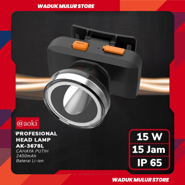 Aoki Lampu Senter Kepala Rechargeable / Head Lamp Aoki 15W AK-3678L Bisa Dicas Baterai 2000mAh Tahan