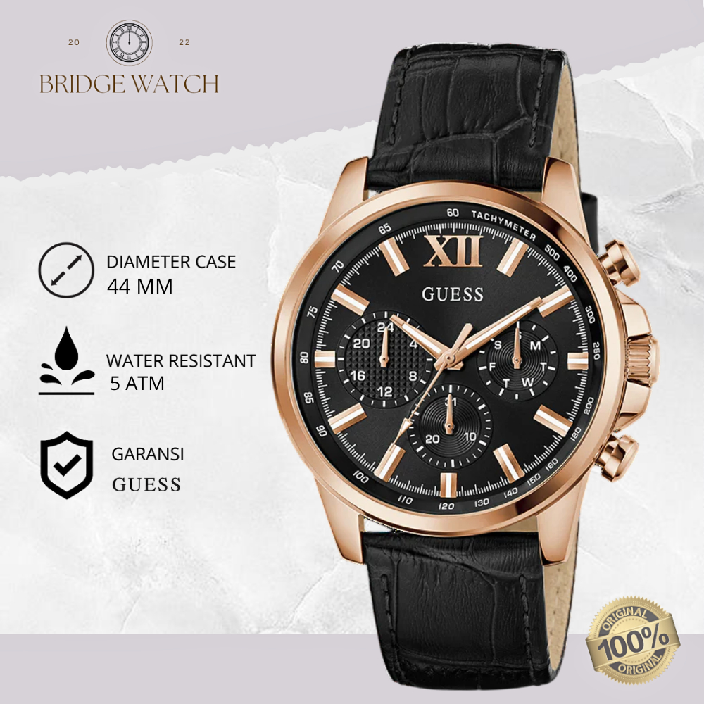 Jam Tangan Pria Guess GW0901G5 Chronograph Black Dial Rosegold Case Black Genuine Leather Strap Kuli