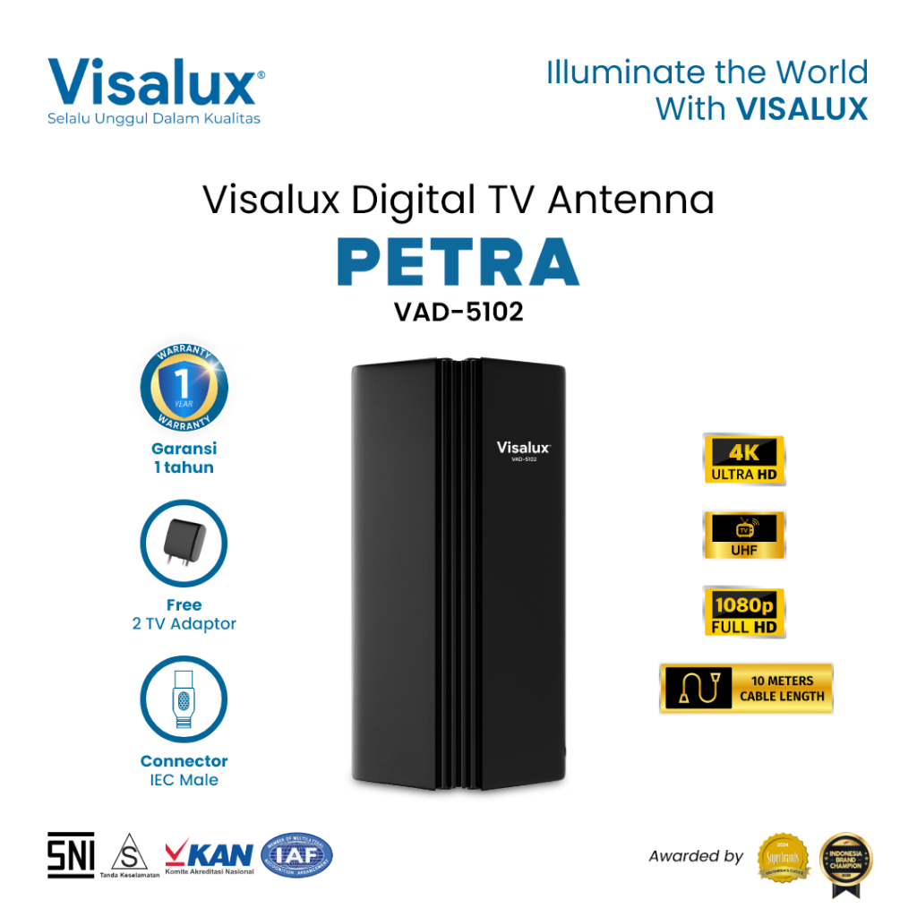 Visalux Petra Digital TV Antenna Indoor Outdoor - Antena Digital Luar Dalam Ruangan dengan Kabel 10 