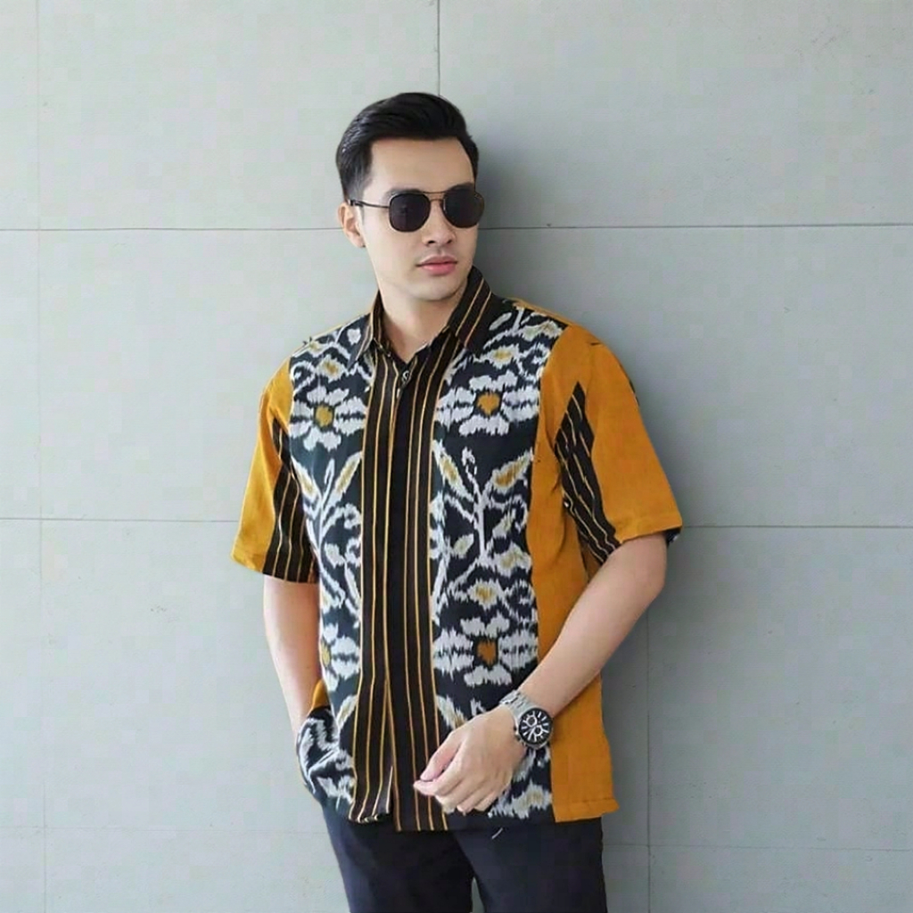 KEMEJA TENUN PRIA LENGAN PENDEK MOTIF ETNIK NTT BATIK TENUN MODERN CASUAL FORMAL PREMIUM