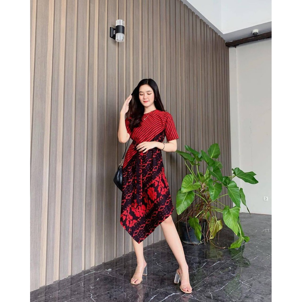 Dress Wanita Motif Songket Katun / Dress Natal / Dress Batik / Tunik Pendek