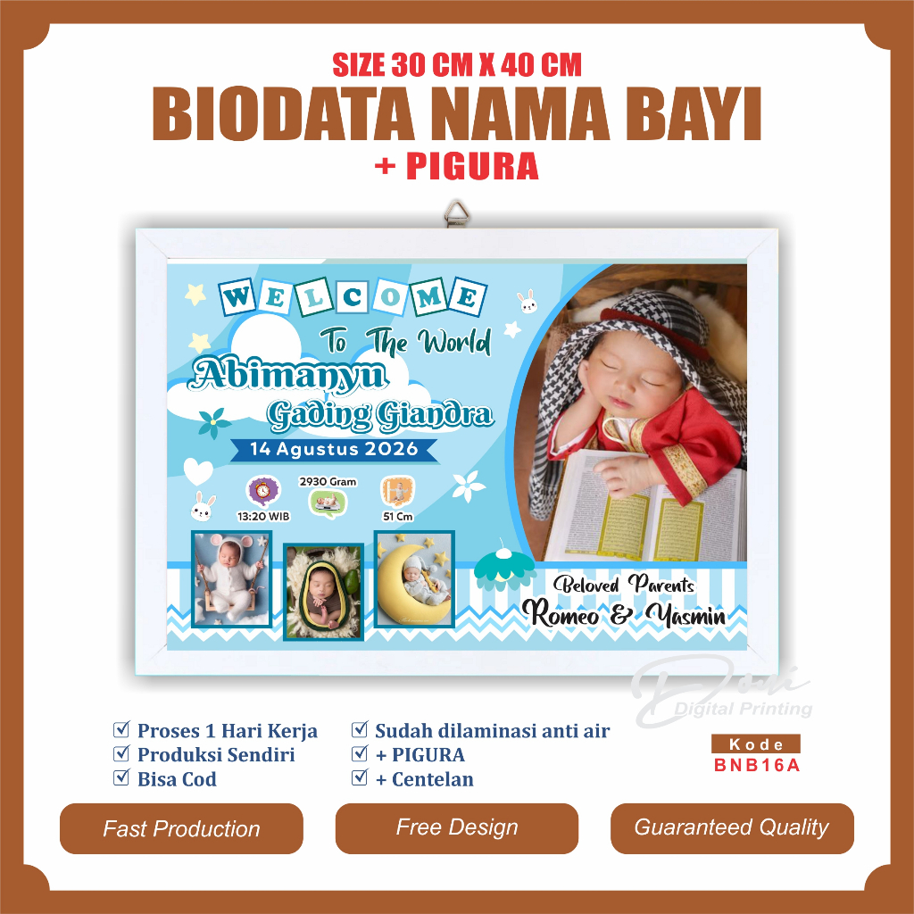 Biodata Kelahiran Bayi + Pigura Ukuran Jumbo 12 R 30 cm x 40 cm BNB16