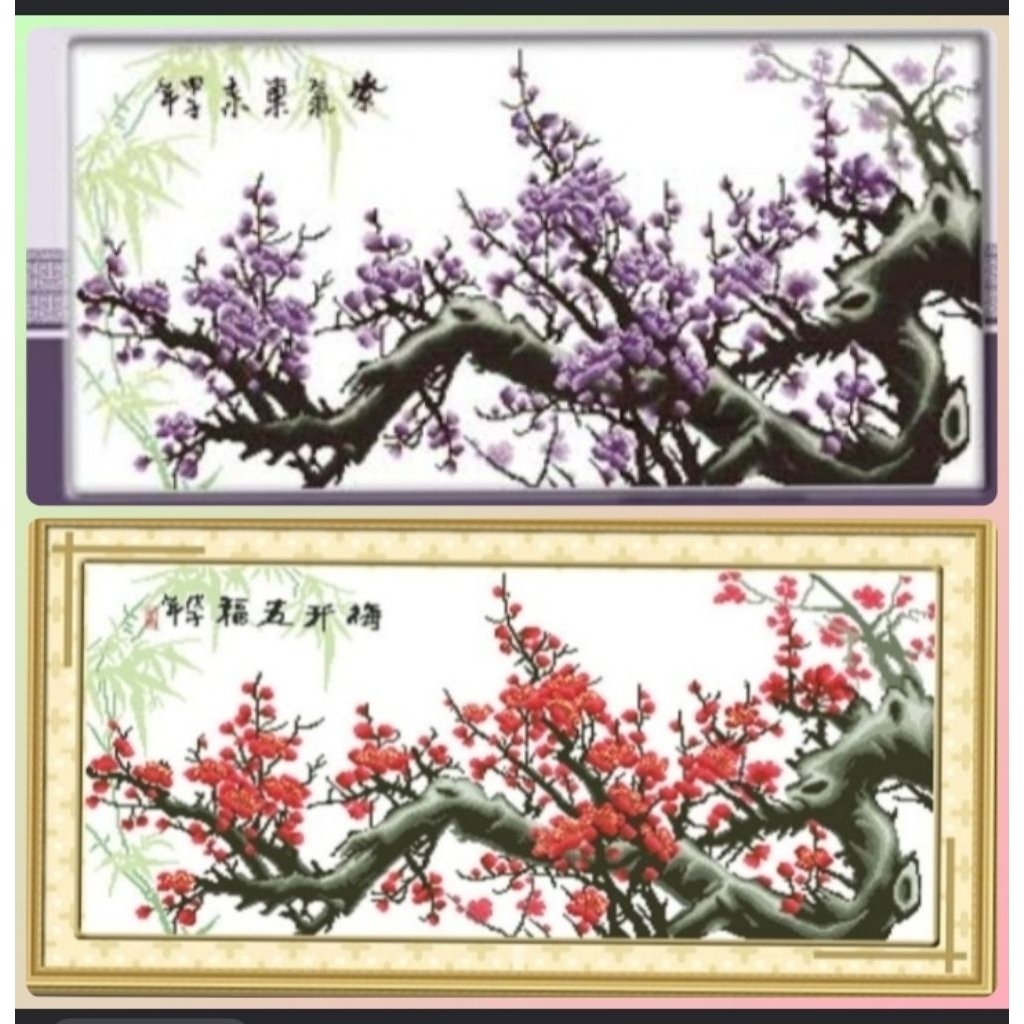 DIY PAKET KRISTIK BUNGA CHERRY BLOSSOM CROSS STITCH POLA KAIN KIT 1 METER