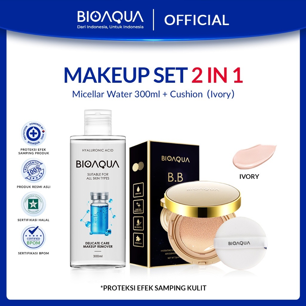 BIOAQUA Makeup Bundle 2 in 1 Beauty Set With Cushion / Makeup Remover Micellar Water / Lip Serum Bib