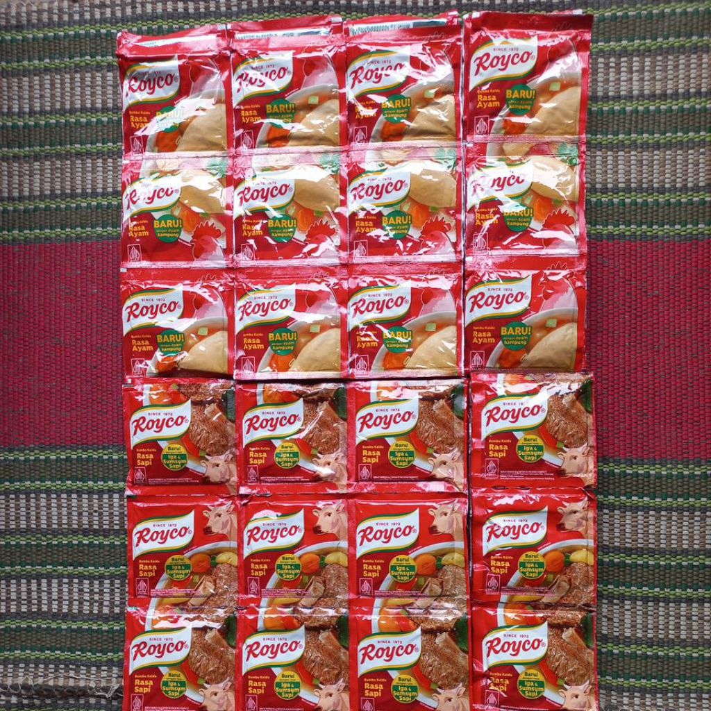 

Royco 24 Sachet bumbu kaldu baru dengan dengan rasa ayam kampung iga & sumsum sapi berat 8 gram
