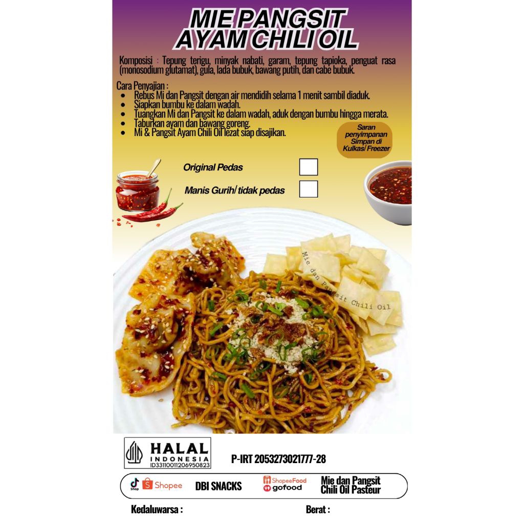 Mie Pangsit Ayam Chili Oil Mie Jebew Pedas Manis Gurih Mie Pangsit Wonton Frozen Food