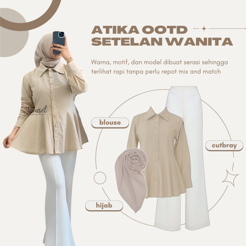 One Set Remaja Kekinian | Atika Blouse Polos + Celana Cutbray + Hijab | Outfit Kerja Wanita | LB135