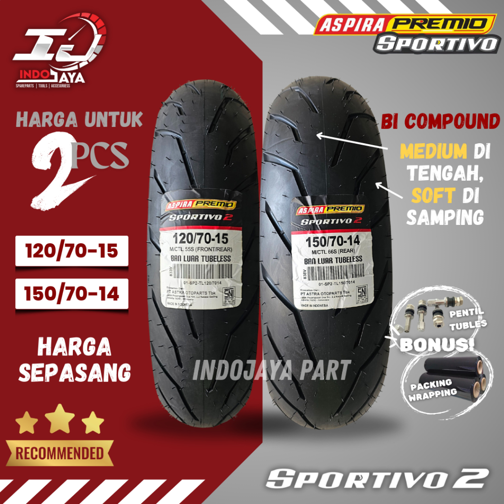 [HARGA MURAH SEPASANG] BAN LUAR ASPIRA PREMIO SPORTIVO 2 (120/70-15 & 150/70-14) BAN LUAR TUBELESS P