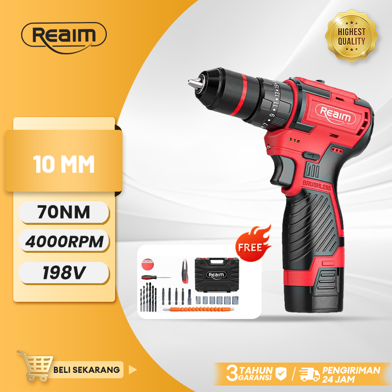 REAIM Bor Listrik Brushless Drill Mesin Bor Baterai Cordless Tanpa Kabel Dilengkapi Untuk Rumah & DI