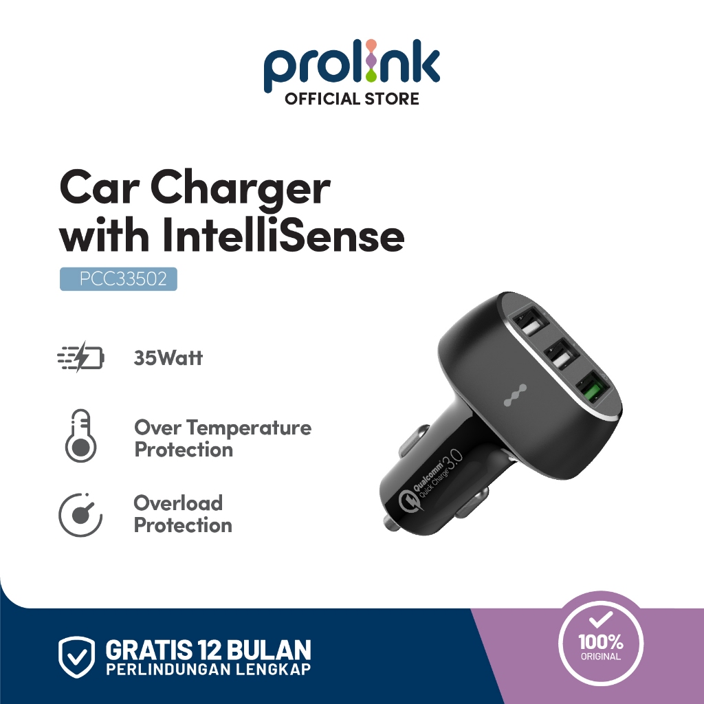 Prolink 35W 3-Port USB Car Charger l Quick Charging l Charger Mobil