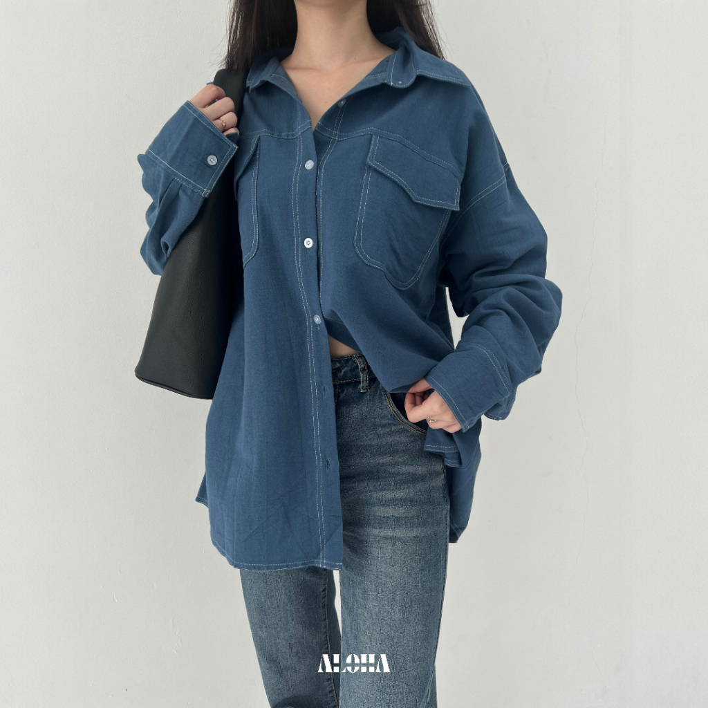 ALOHA Keyla Linen List Overshirt Kemeja List Linen Oversize Wanita 2103