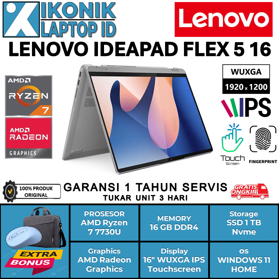 Laptop Touchscreen Lenovo Ideapad Flex 5 16 AMD Ryzen 7 7730U Ram 16GB Ssd 1TB Nvme Window 11 Ori