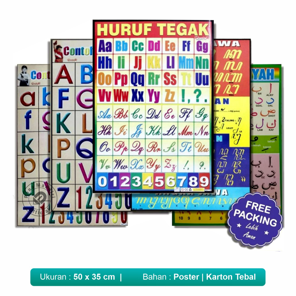 Poster Anak Mengenal Huruf Hijaiyah Huruf Abjad ABC Huruf Tegak Bersambung Aksara Jawa Murah