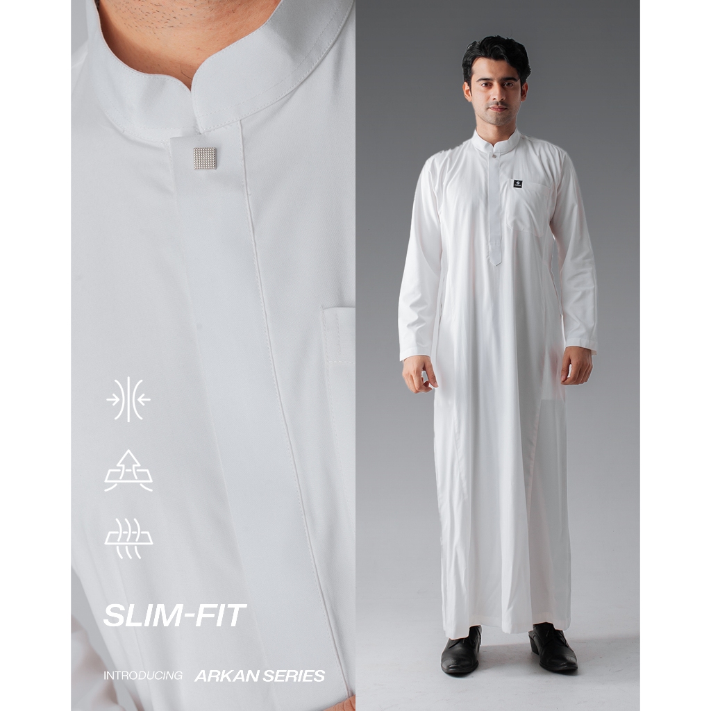 Jubah Pria Lengan Panjang Slim Fit Arkan Series Warna Putih BY HURIM