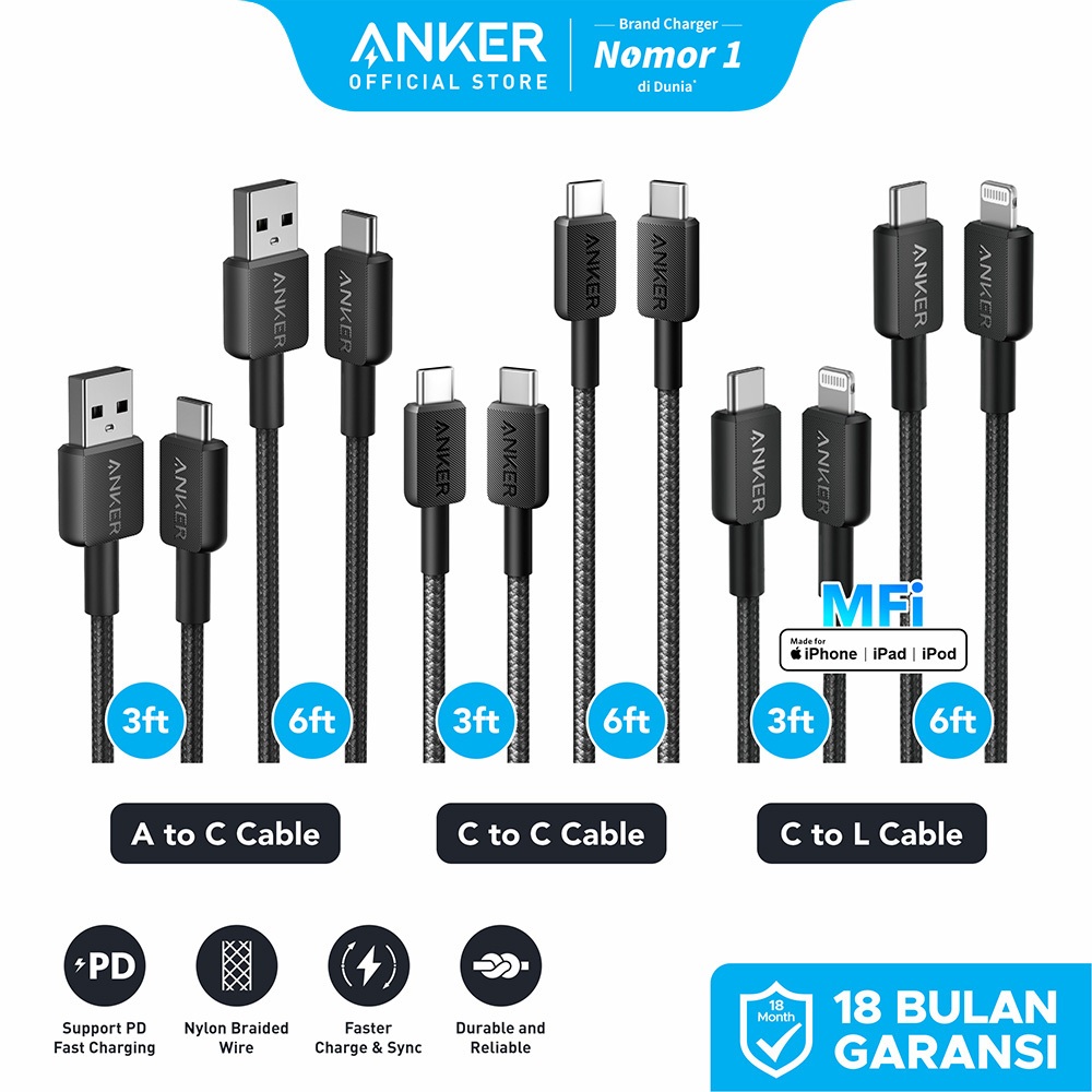 Anker Kabel MFi iPhone X 11 12 13 14 15 16 PD Type C to USB A Type C and Lightning 15W 60W 240W 3ft 