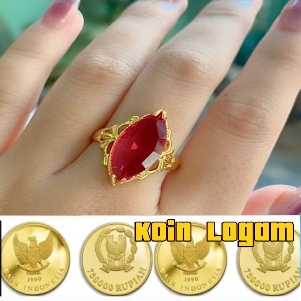 Cincin mata merah lonjong dari koin logam 1pcs