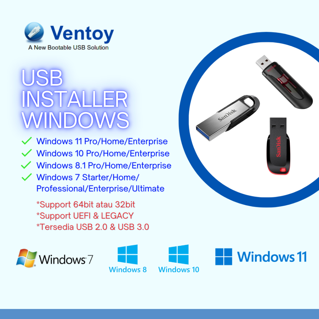 Flashdisk USB Installer Windows 10 11 8.1 7 Ventoy