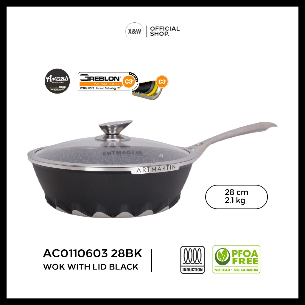 Amercook Wok Pan Artmarin Wajan Anti Lengket Glass lid Greblon - 28cm