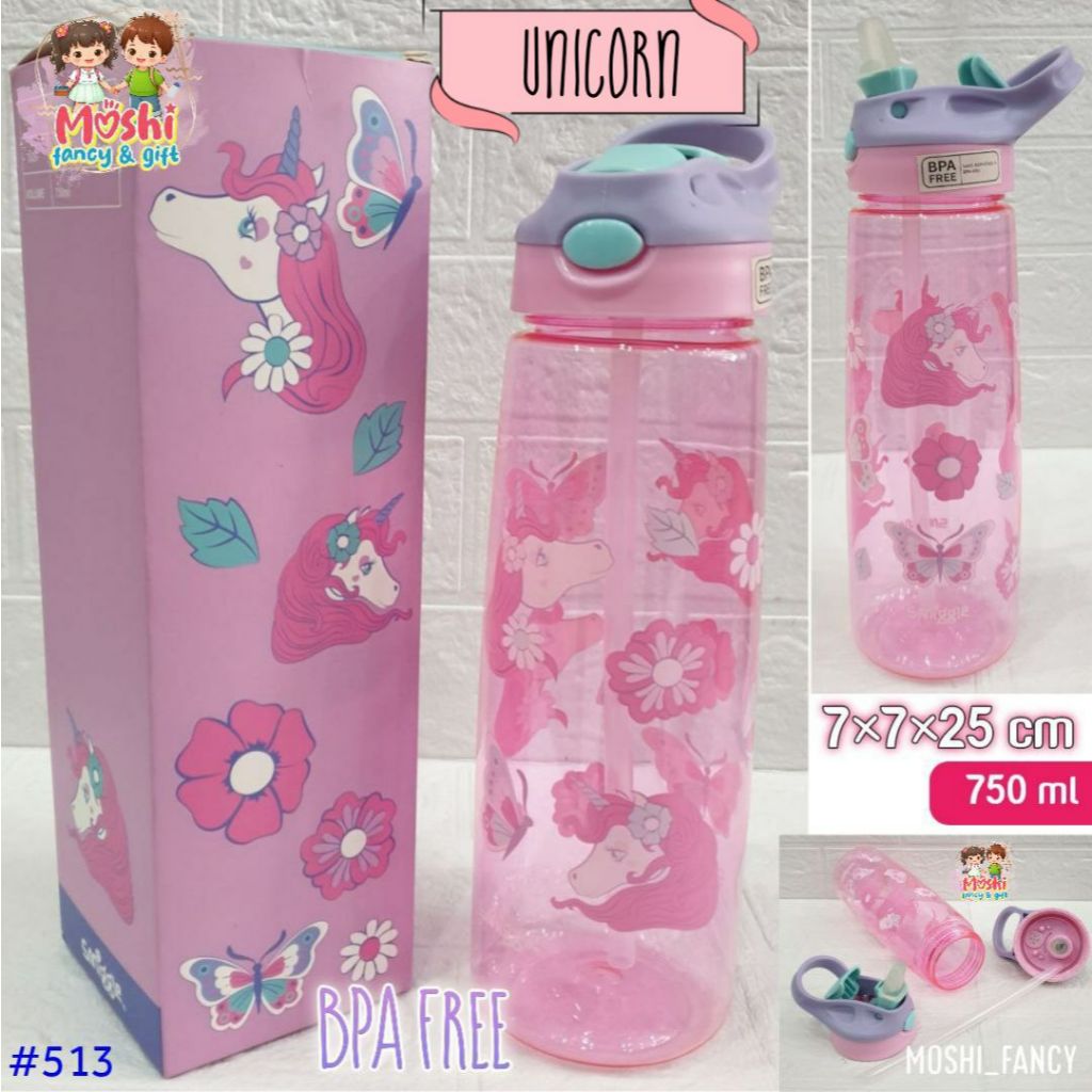 Botol Minum Unicorn Pink / Tempat Minum Unicorn / Botol Air Minum Sedotan Motif Unicorn Flip / Botol