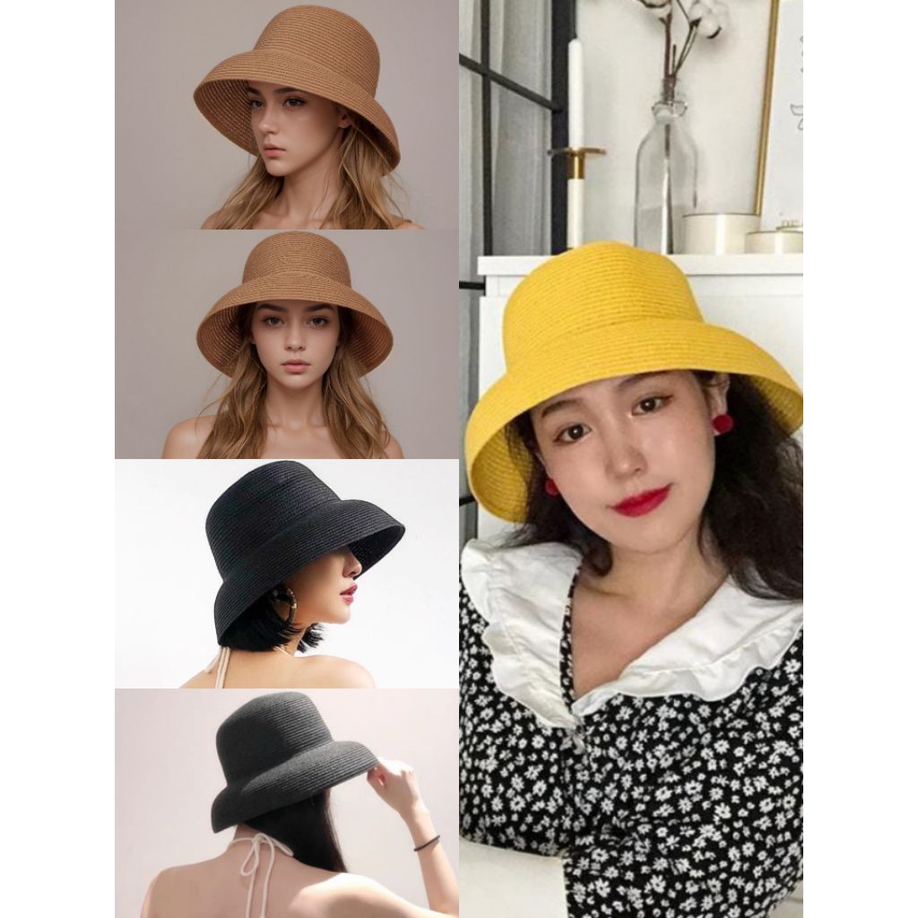 TOPI PANTAI JERAMI KEREN WANITA | TOPI ANYAM KOREA KEKINIAN | TOPI BUCKET IMPORT QUALITY