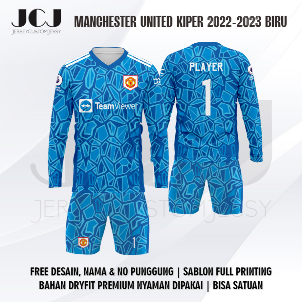 Jersey Sepak Bola Kiper MU Kiper 2022-2023 Biru Lengan Panjang Custom Nama No Punggung Dewasa Anak