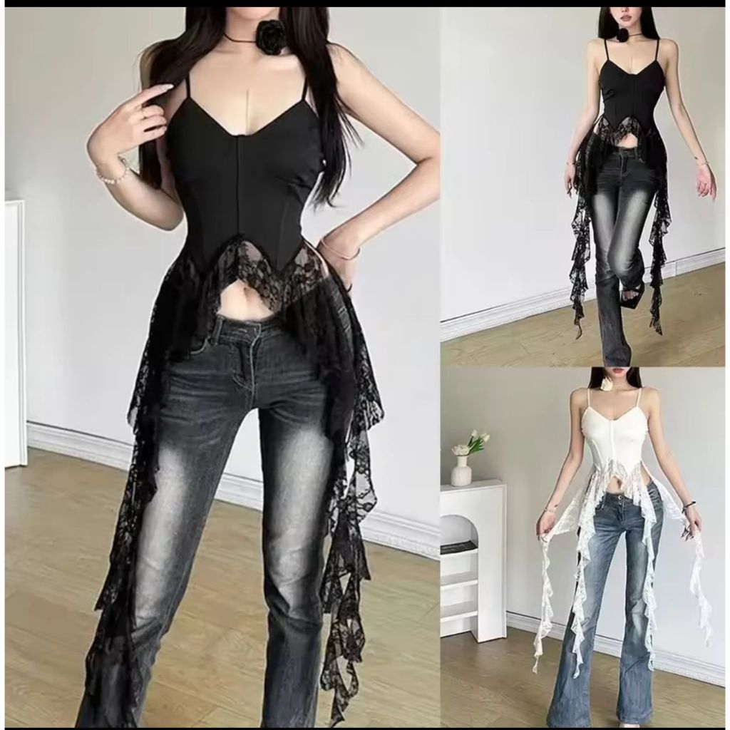 tanktop atasan rumbai panjang tanpa lengan atasan croptop hitam putih wanita kekinian