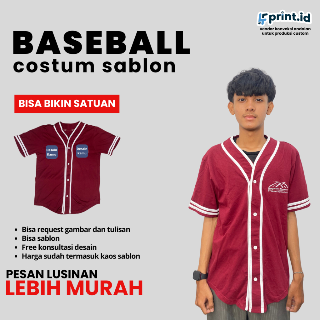 BAJU JERSEY BASEBALL PRIA WANITA PRINTING CUSTOM NAMA , NOMOR , DAN LOGO TEAM