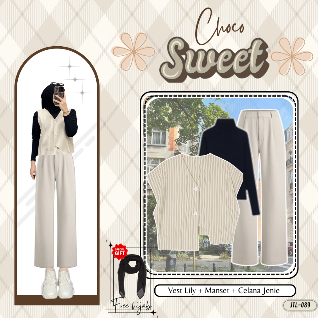 Setelan Wanita  Korean Look 4in1 Vest lily stripe Celana cutbray Inner manset  Setcel Oneset rok Kor