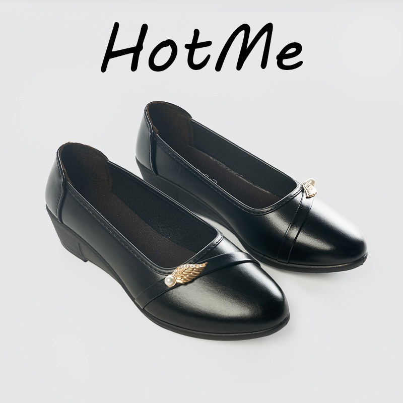 HotMe Sepatu Pantofel Wanita Hitam Slip On Terbaru 2025  Kulit Kerja Paskibra QN707 COD