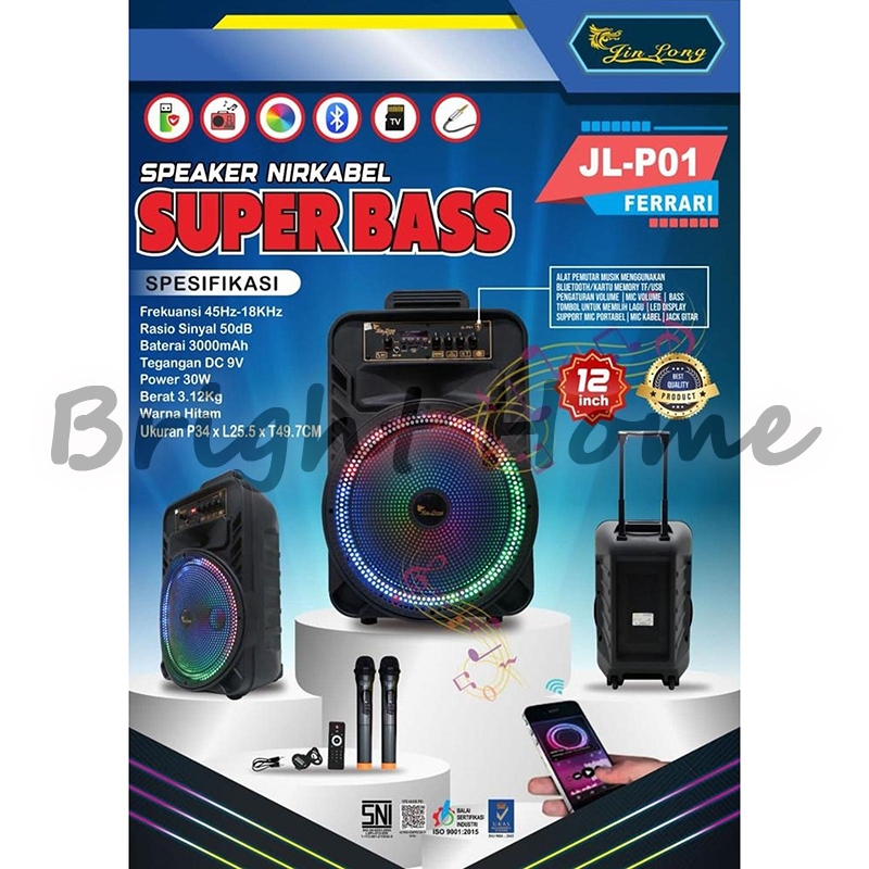 JIN LONG JINLONG PLP01 FERRARI PL-P01 Sepeker 12" Speaker Portabel Wireless Bluetooth Super Bass 12 