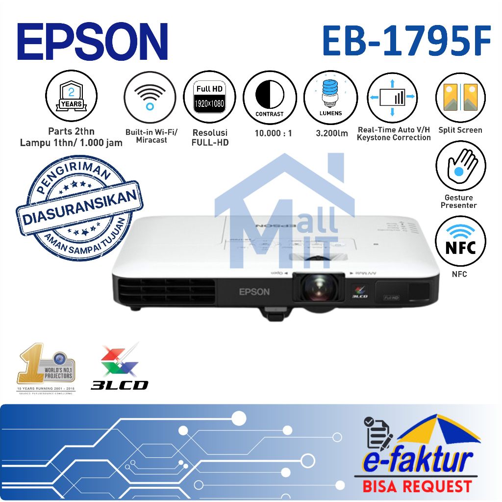 MALLIT EPSON Proyektor Epson EB-1795F 1795F EB1795F Mini Slim Portable Full HD 1080 Resmi Medan