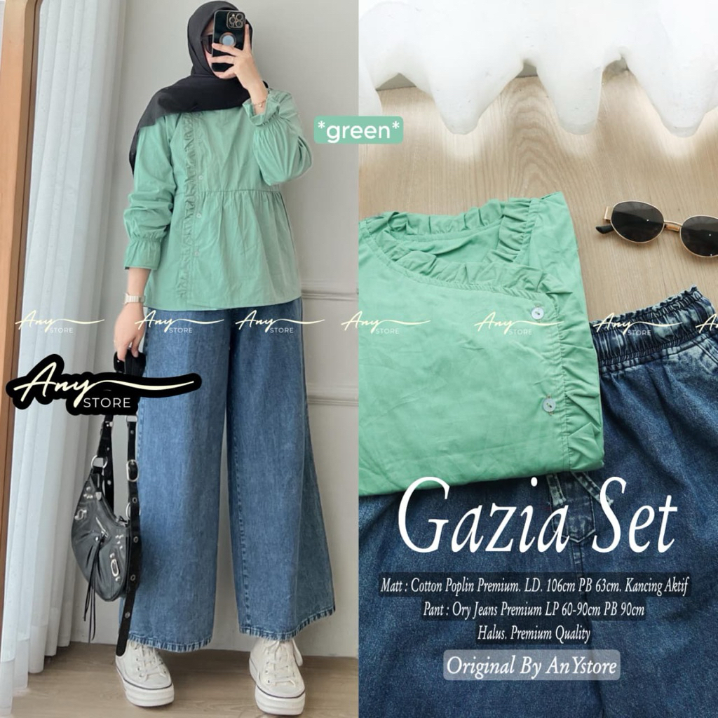 GAZIA SET ORIGINAL BY ANY STORE oneset setcel setelan atasan blouse katun dan celana kulot jeans teb