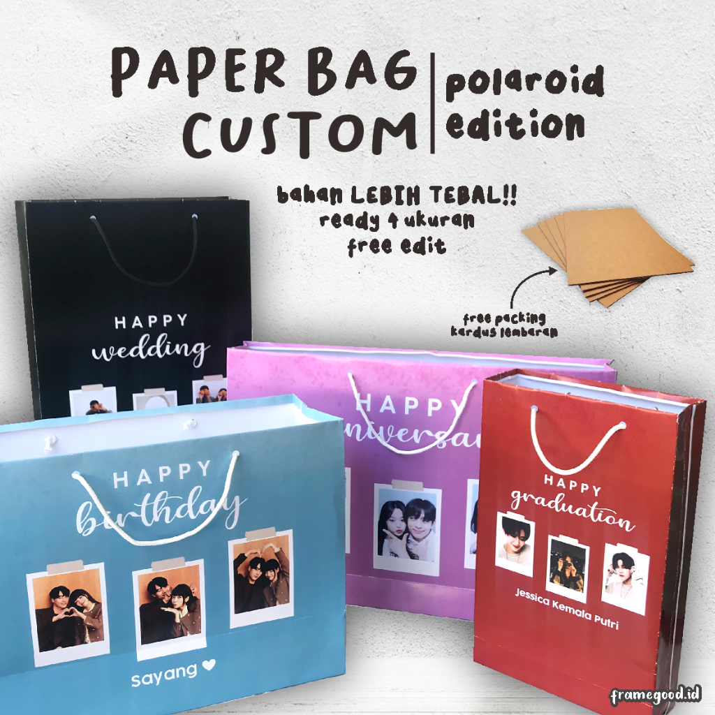PAPERBAG CUSTOM FOTO POLAROID / kertas tebal / totebag tote bag paper bag muka wajah teman free edit