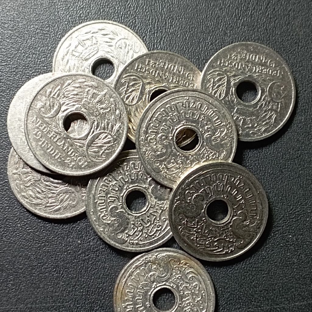 5 sen bolong nikel era th 20'an uang koin indonesia bekas dibersihkan asli