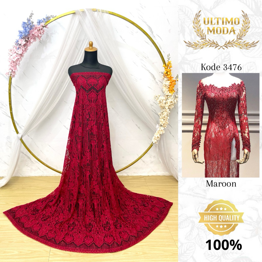 (GRADE A) KODE 3476 MAROON - KAIN PANEL BRUKAT 3 D METALIC - MEWAH DAN ELEGAN - PANJANG 2,7 M LEBAR 