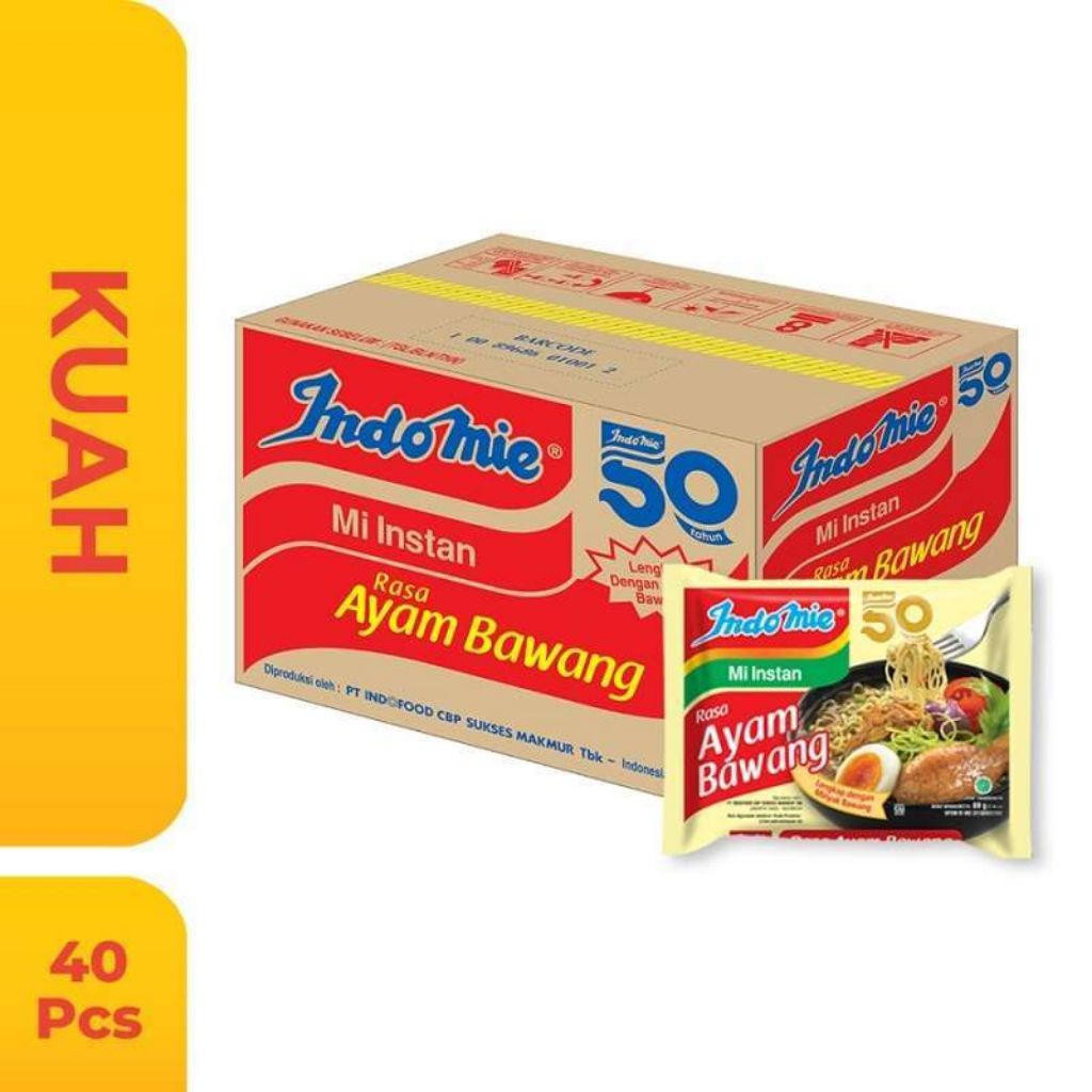 

ID003 INDOMIE MIE INSTAN AYAM BAWANG 1 DUS KARTON ISI 40 PCS MIE INSTAN KUAH GORENG SOTO KARI RASA GURIH DAN LEZAT VITAMIN D