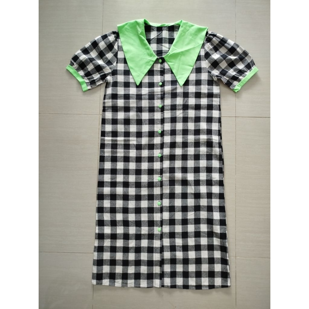 PL dress tunik kotak hitam putih sailor hijau