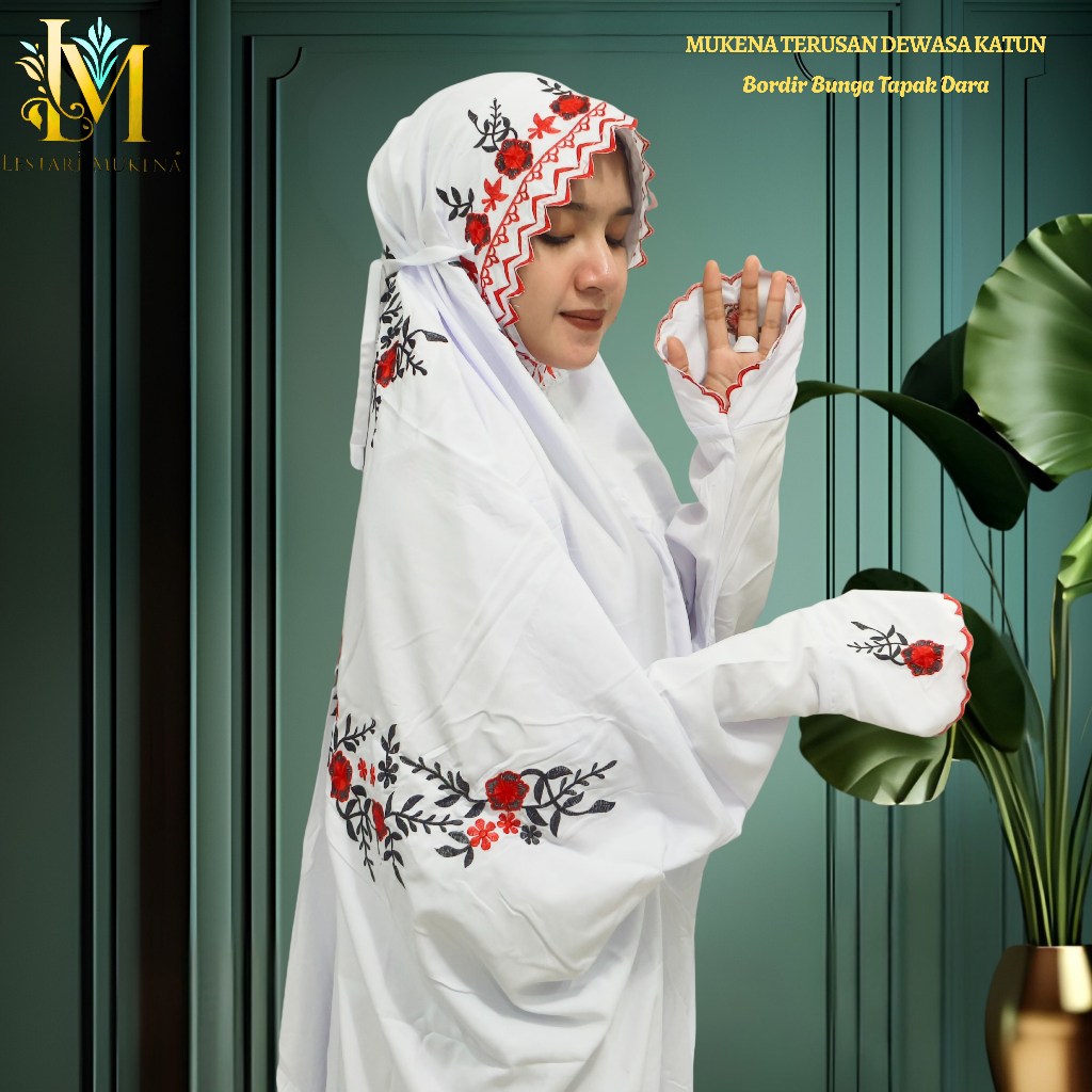 Mukena Terusan Dewasa Katun Polino Motif Bordir Bunga Tapak Dara Indah