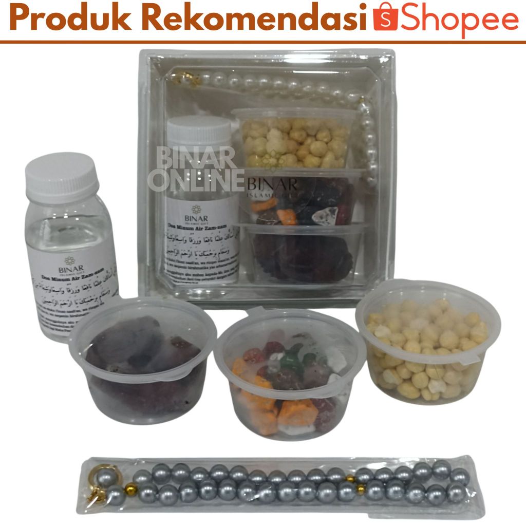 

Paket Oleh-oleh Haji dan Umroh Premium Gift Umrah Zam-zam Cokelat Kerikil Kurma Kacang Arab Tasbih