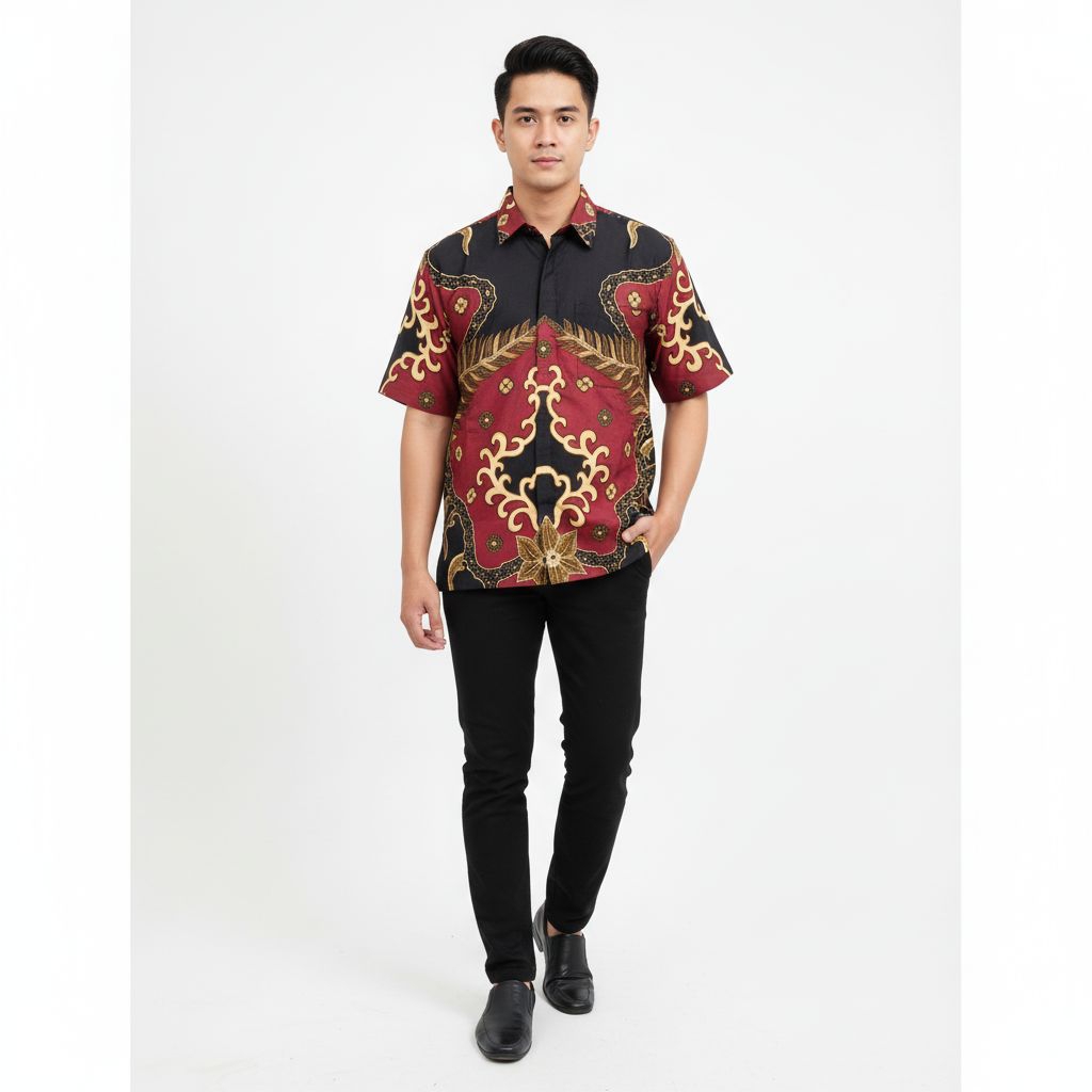Batik Pria Lengan Pendek Merah Hitam HM7179 Reguler Baju Seragam Batik Cowok Kerja Kantor Dan Pesta 