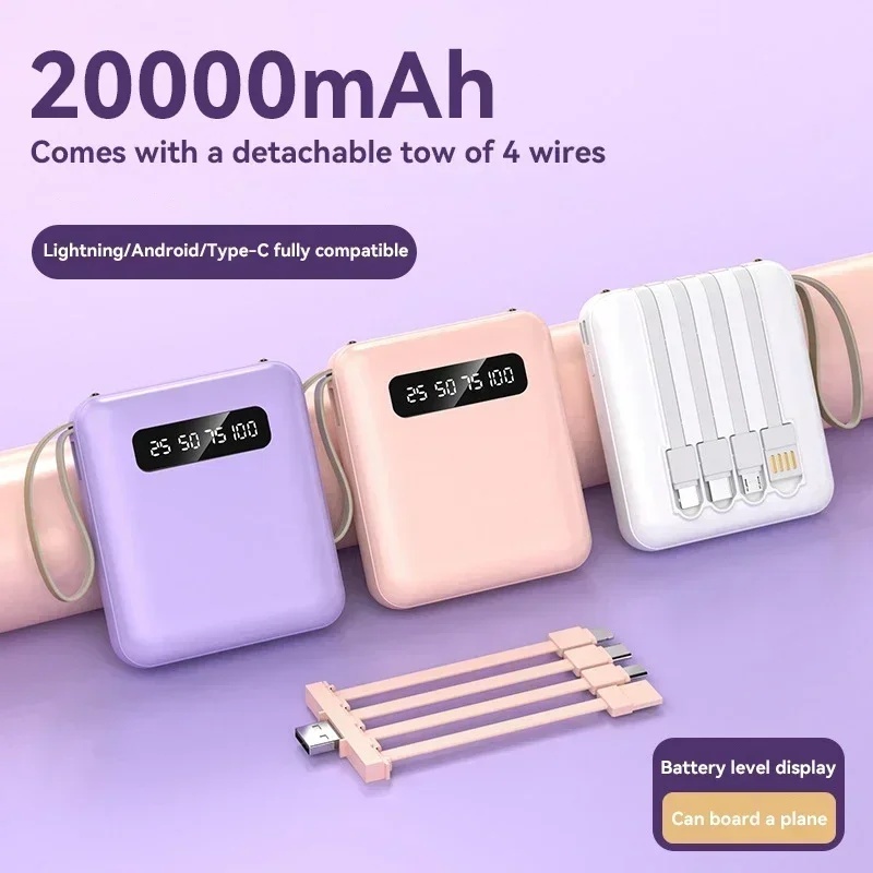 20000mah Powerbank with 4 Cable Small Powerbank mini Type C Micro IP Kecil Pawer Bank Original Digit