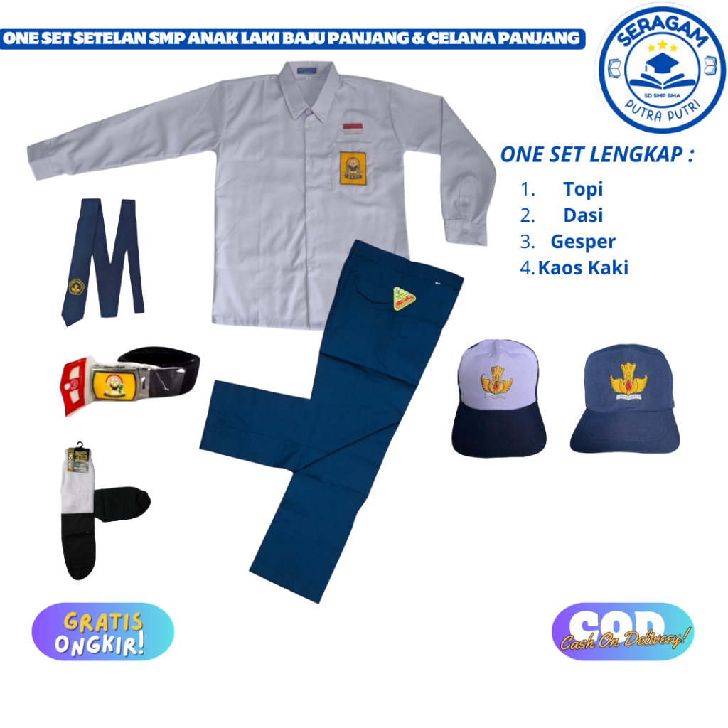 Setelan Seragam Sekolah SMP Biru Putih Laki-laki Baju Putih Lengan Panjang Celana Biru Panjang SMP