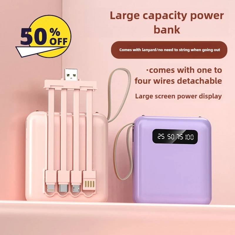 20000mah Powerbank with 4 Cable Small Powerbank mini Type C Micro IP Kecil Pawer Bank Original Digit
